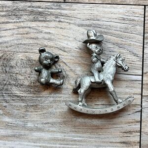 Vintage Spoontiques 676 Pewter Bear Cowboy Hat Rocking Horse Figurine